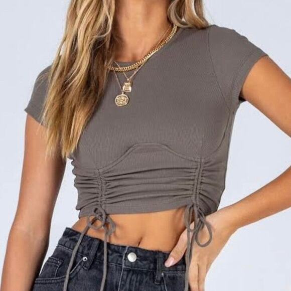 Princess Polly Olive Underwire Double Tie Front Crop Top Short Sleeve Round Neck - Picture 1 of 9